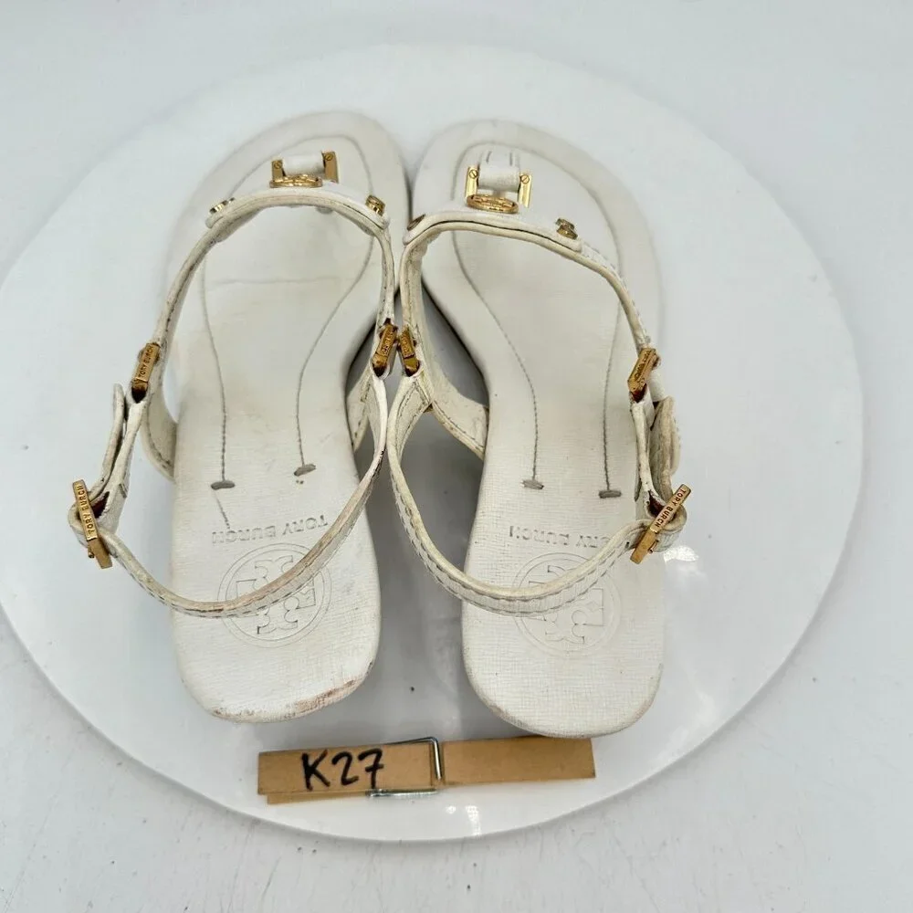 Tory Burch Women Size 8.5M White Leather Robinson T Strap Wedges Sandal